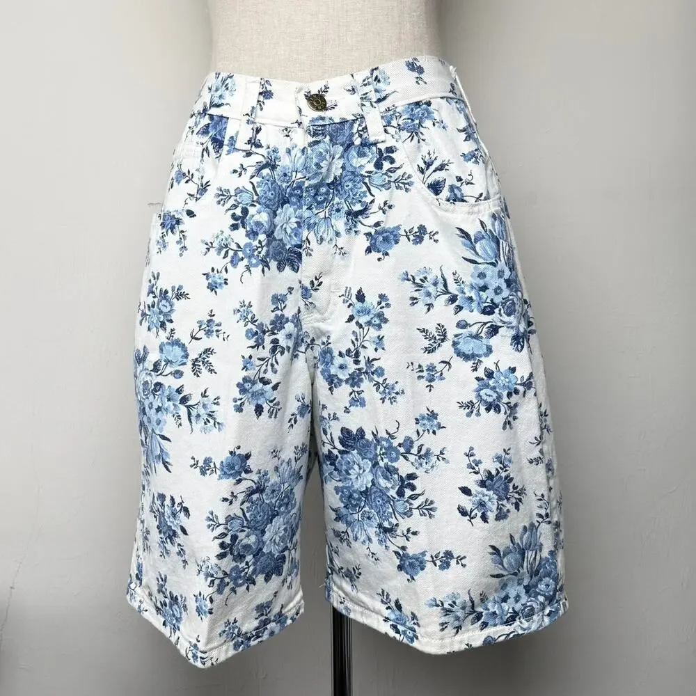 Vintage Zena II Floral Print White Denim Shorts Made in USA High Rise Size 8 NWT - Picture 3 of 14